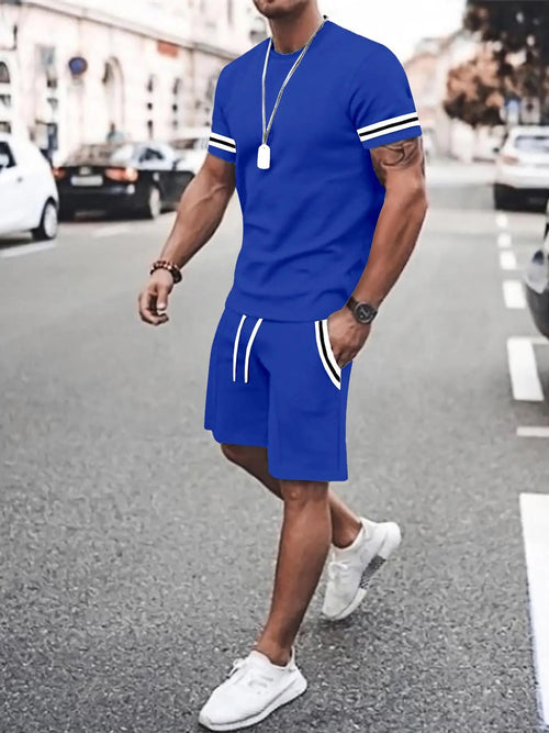 Colorful piping T-shirt and drawstring waist shorts set