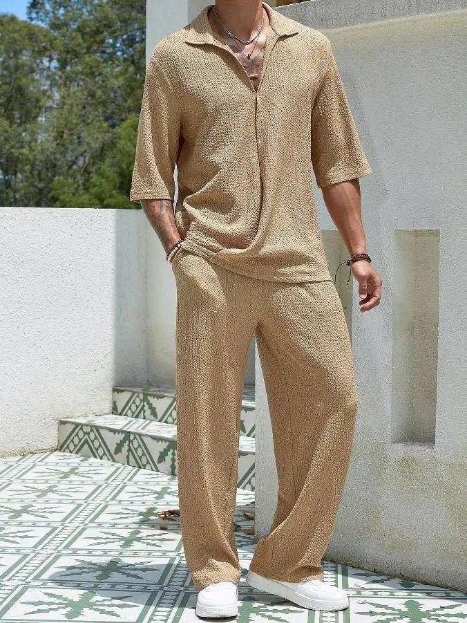 Solid color short-sleeved shirt and trousers men's two-piece casual set