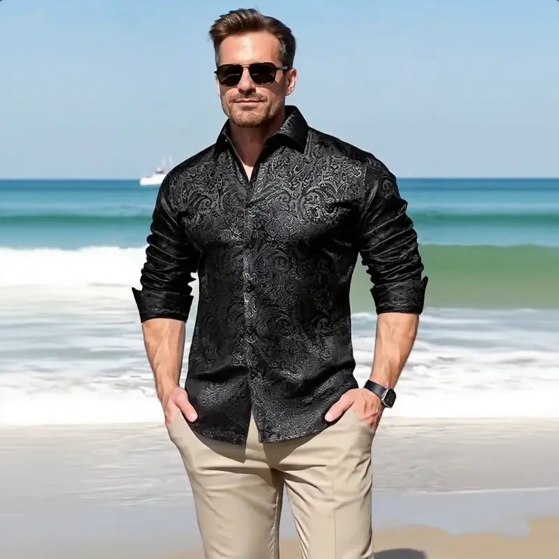 Patterned Silky Button-Up Shirt
