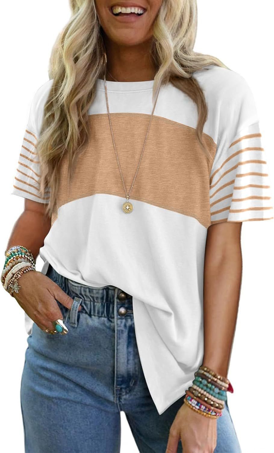 Crew neck casual striped short-sleeved T-shirt