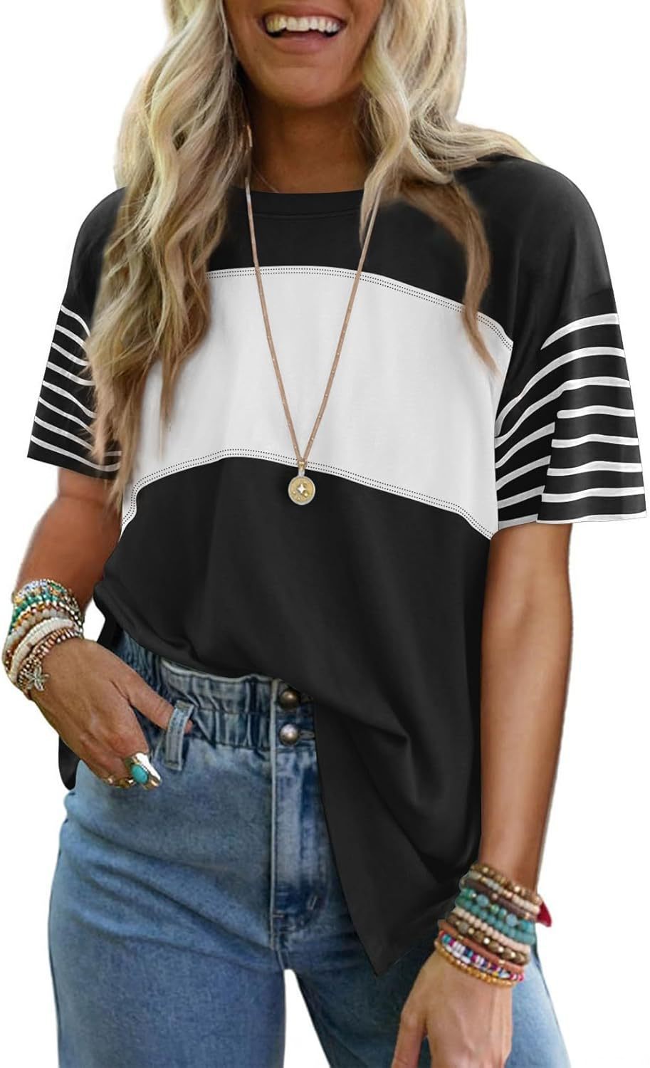 Crew neck casual striped short-sleeved T-shirt