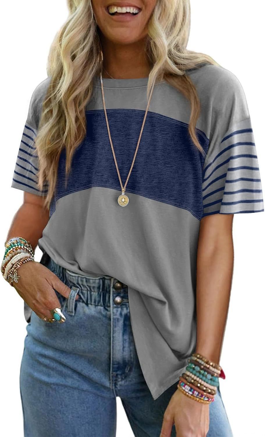 Crew neck casual striped short-sleeved T-shirt
