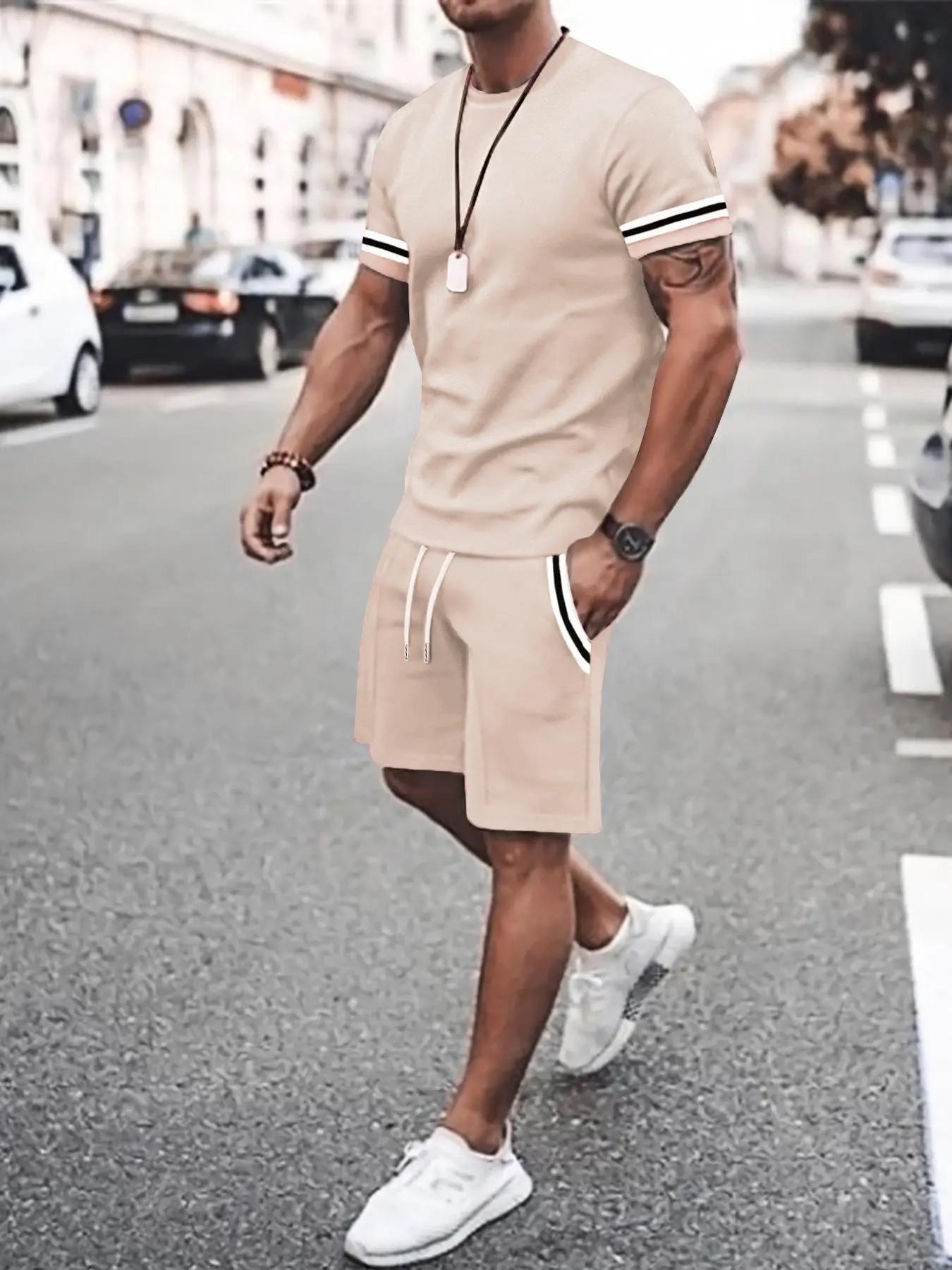 Colorful piping T-shirt and drawstring waist shorts set
