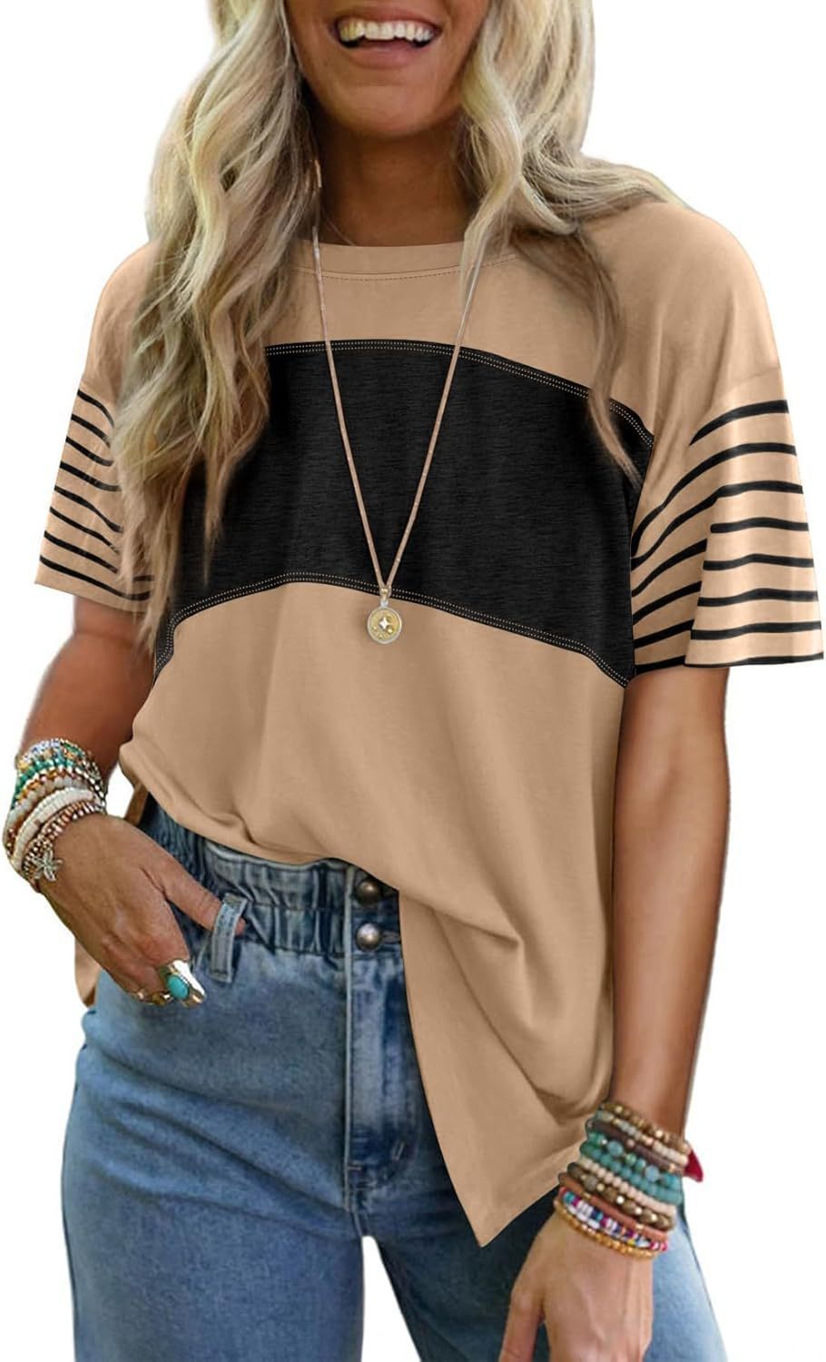 Crew neck casual striped short-sleeved T-shirt