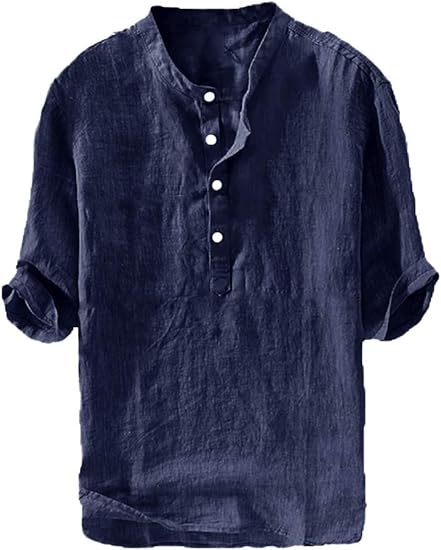 Linen shirt, summer five-sleeve loose pullover men's clothing
