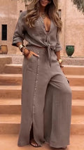 Spring casual V-neck irregular top and wide-leg button-down pants two-piece set
