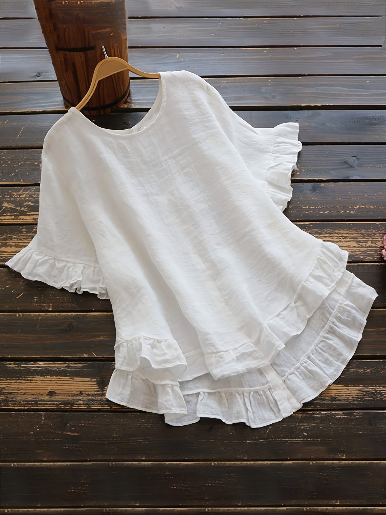 New solid color loose ruffled round neck short-sleeved button shirt