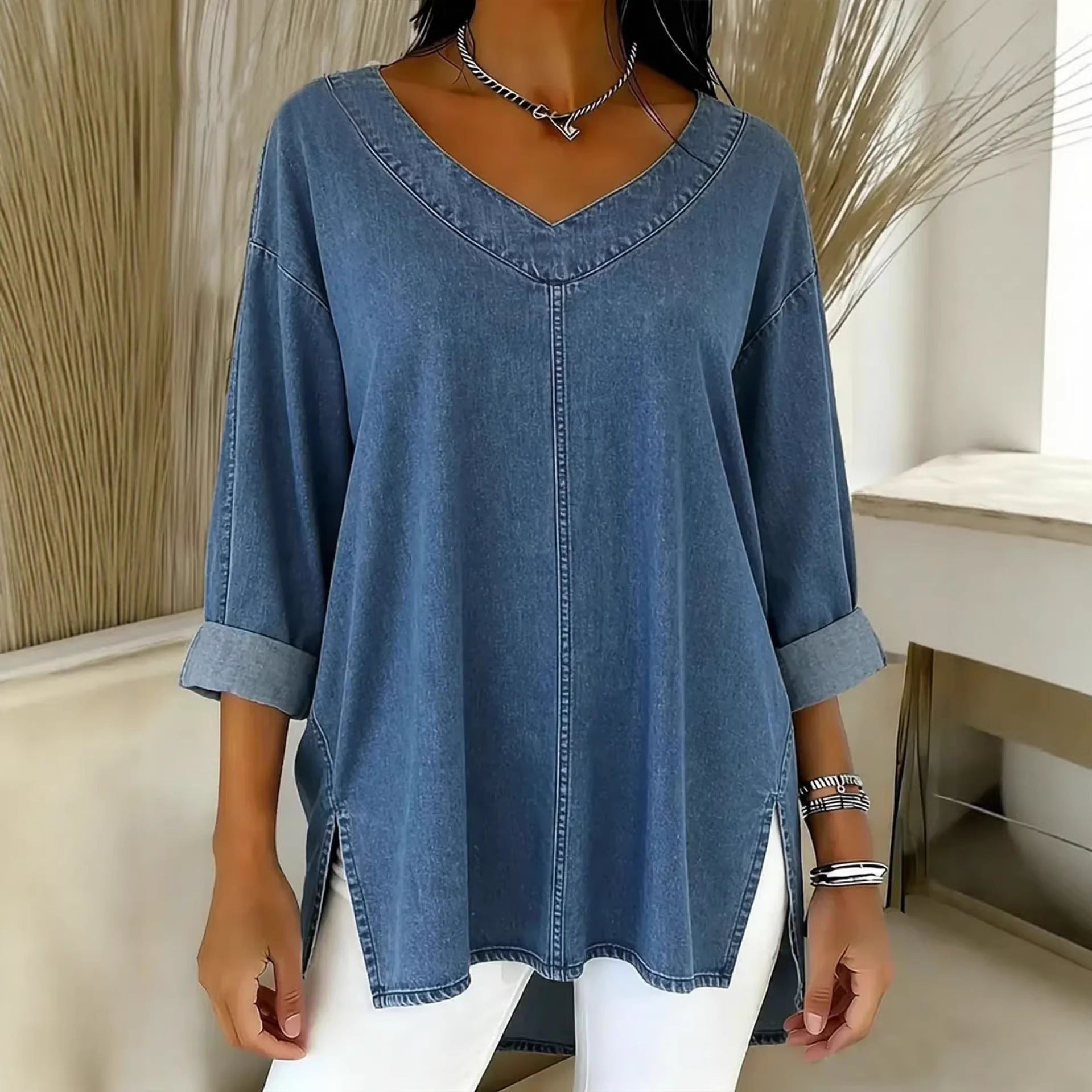 Street style denim V-neck top