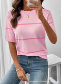 Casual round neck striped color-blocked short-sleeved shirt