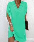 Spring/Summer V-neck pleated batwing sleeve dress