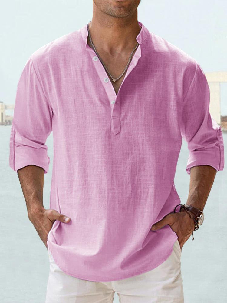 Solid color long-sleeved cotton and linen shirt