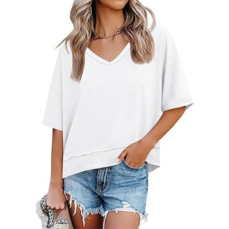 Casual solid color patchwork five-sleeve V-neck loose top