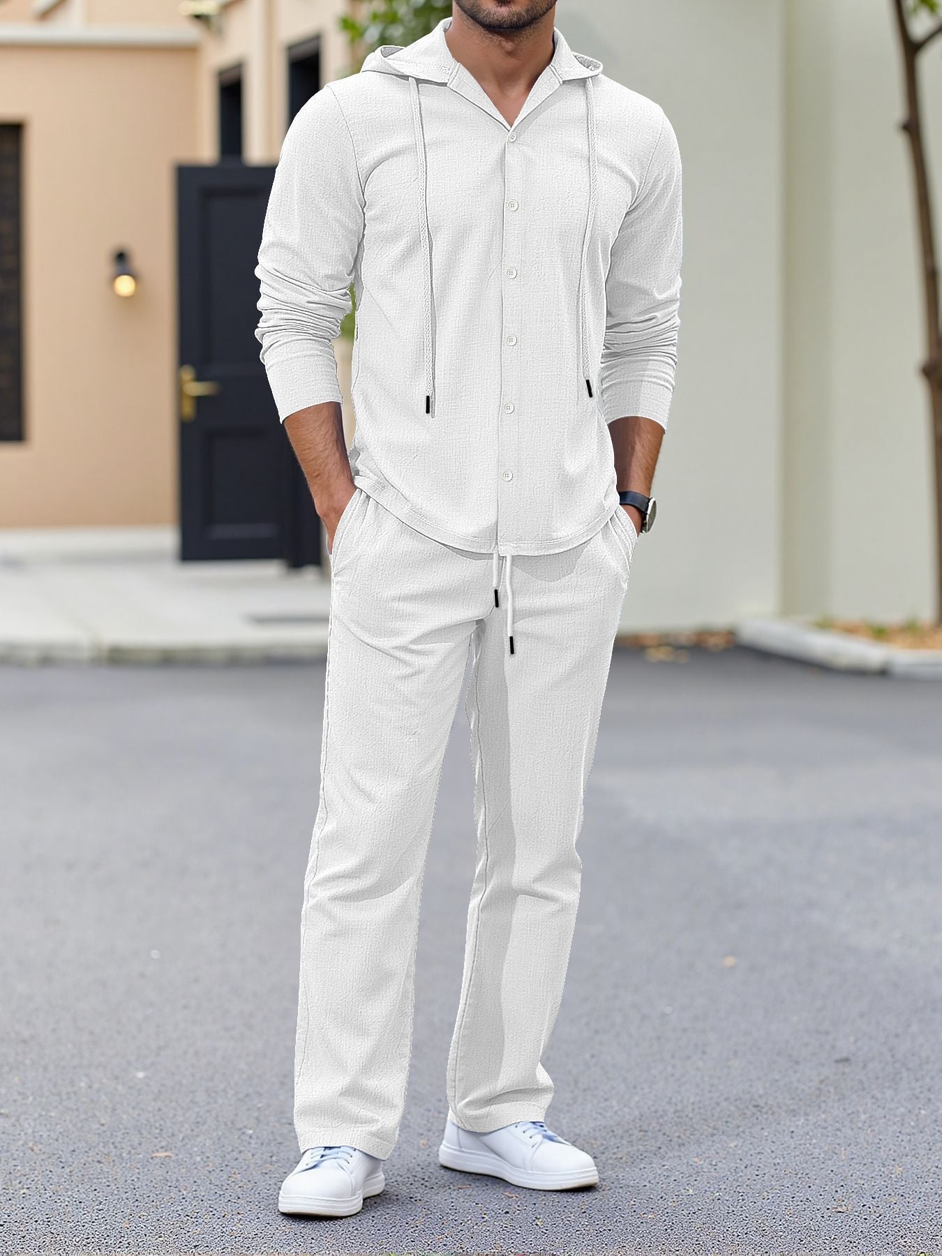 Loose-fitting linen hooded long-sleeved button-down shirt and trousers casual suit
