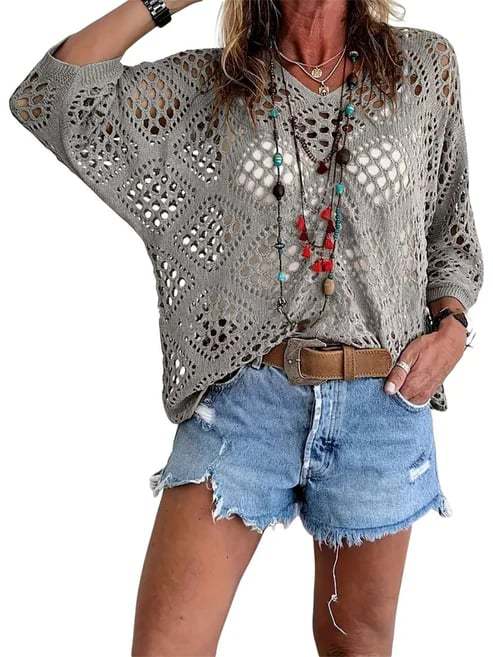 Summer V-neck diamond-patterned cutout batwing sleeve top