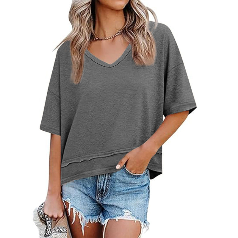 Casual solid color patchwork five-sleeve V-neck loose top