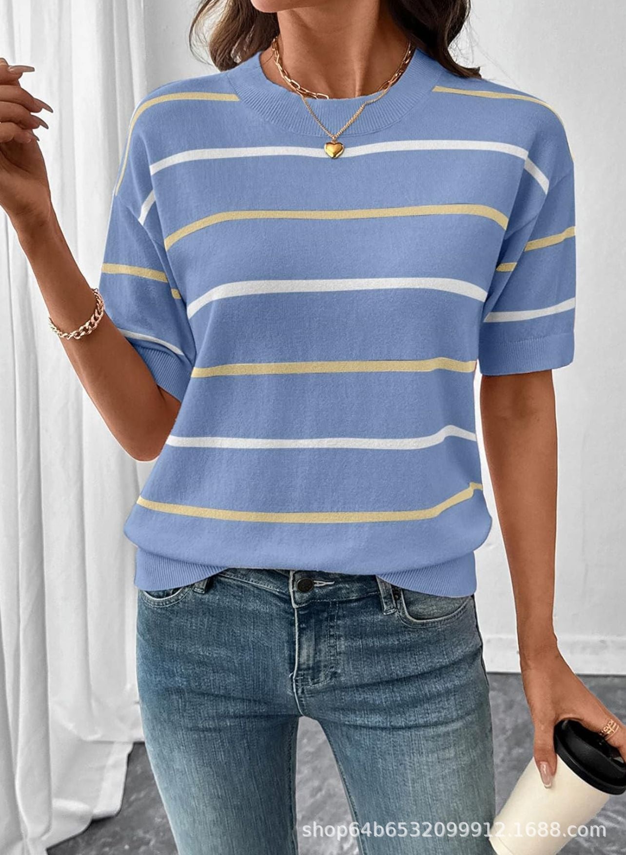 Casual round neck striped color-blocked short-sleeved shirt