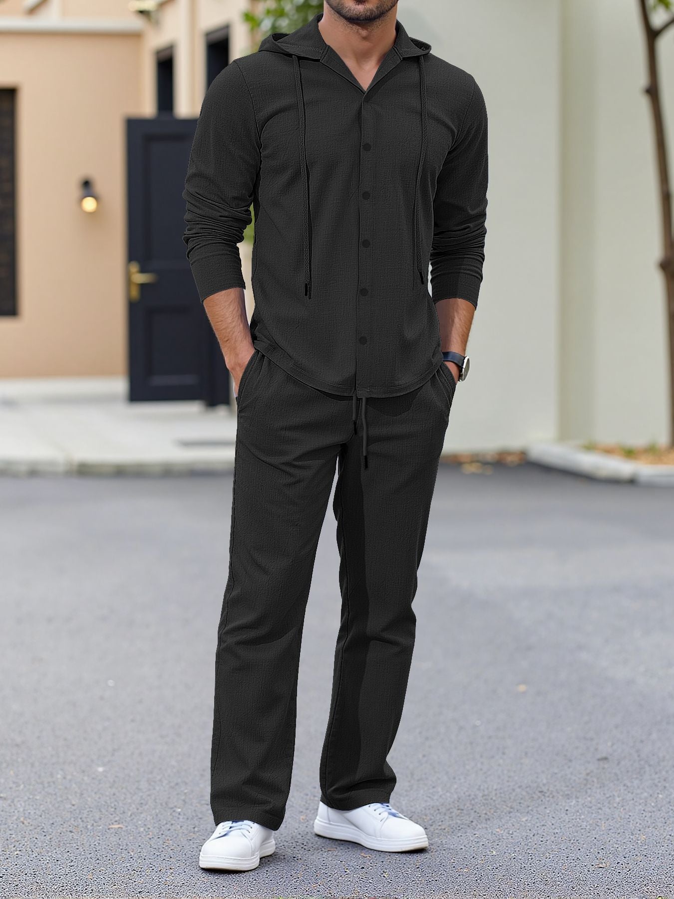 Loose-fitting linen hooded long-sleeved button-down shirt and trousers casual suit