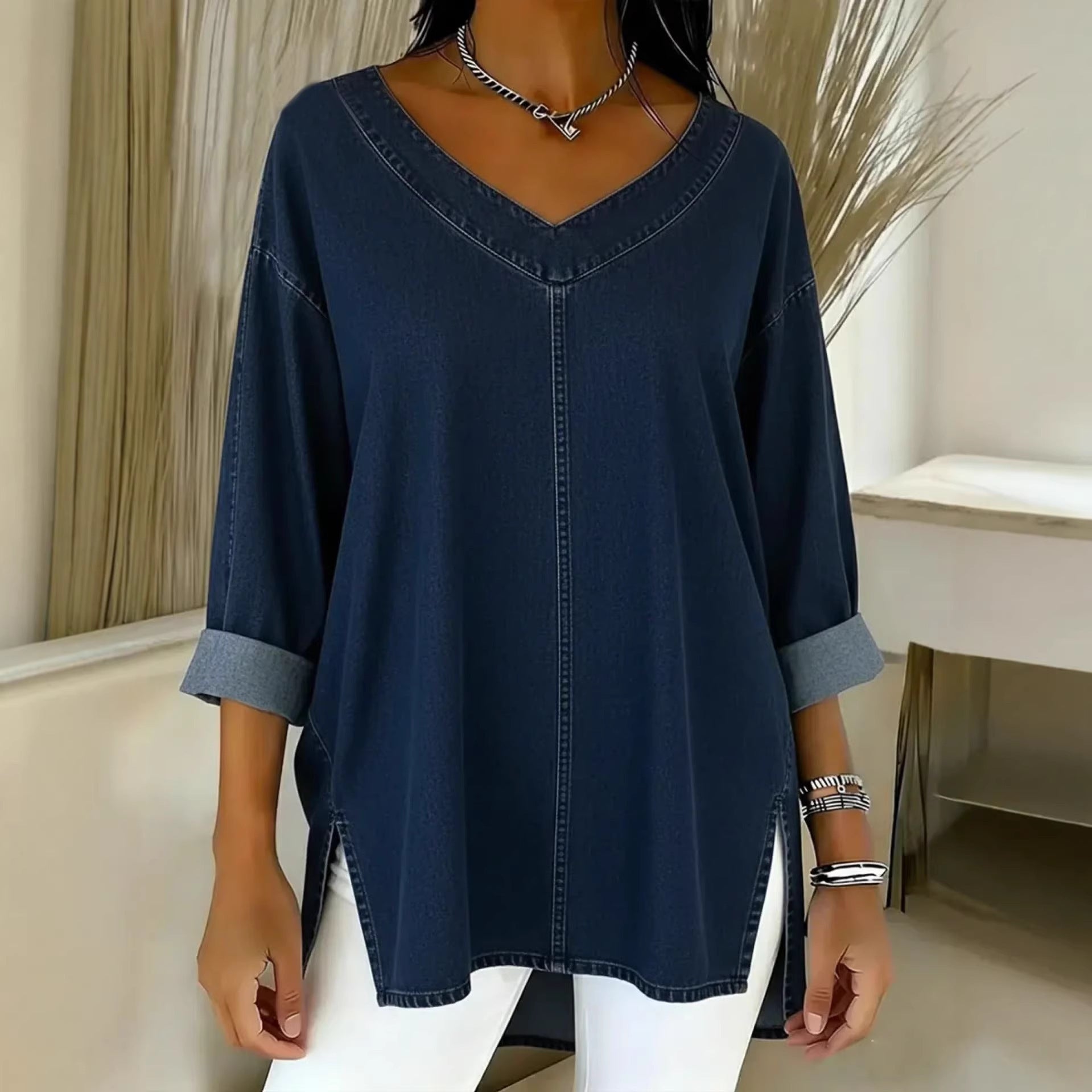 Street style denim V-neck top
