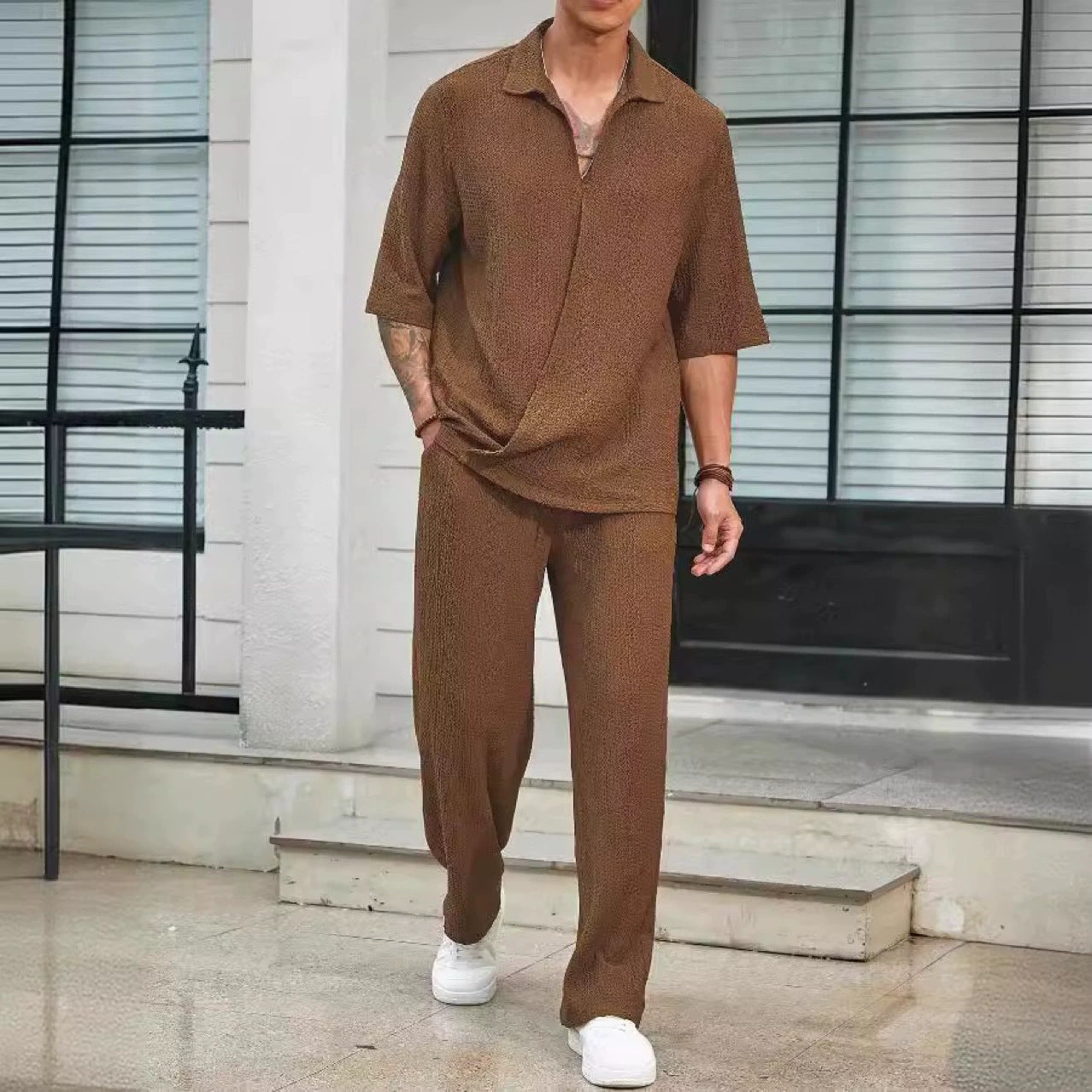 Solid color short-sleeved shirt and trousers men's two-piece casual set