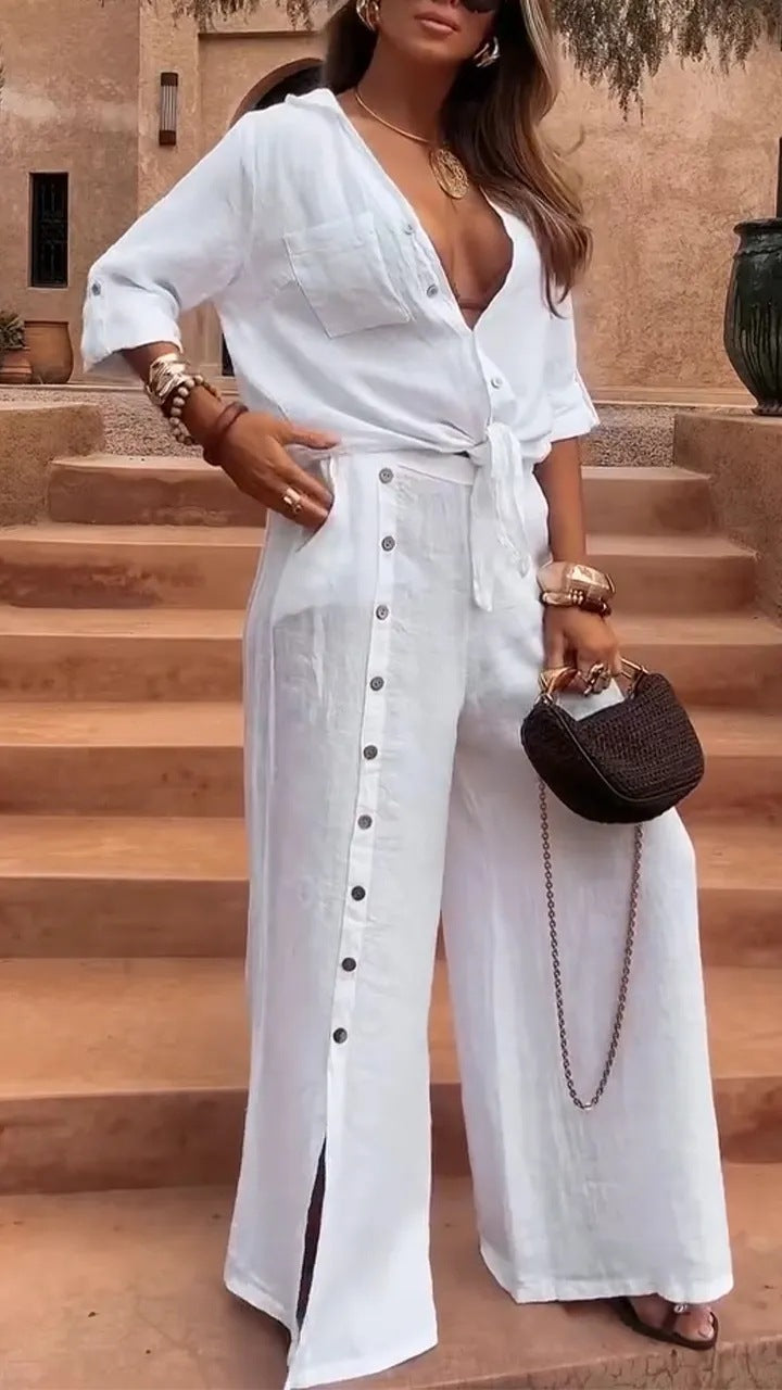 Spring casual V-neck irregular top and wide-leg button-down pants two-piece set