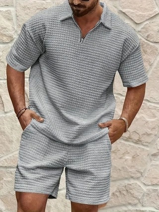 Waffle knit comfortable solid color collared shirt summer sportswear set