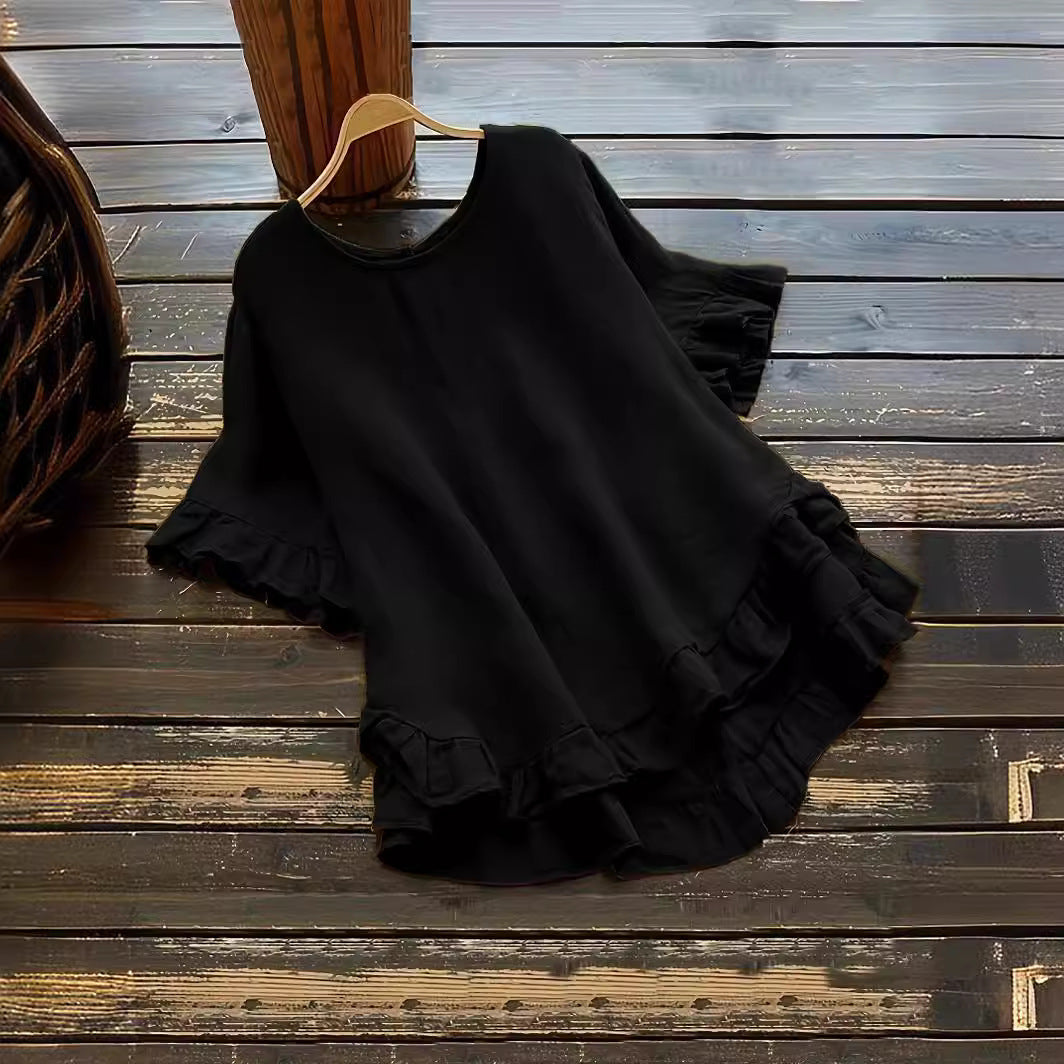 New solid color loose ruffled round neck short-sleeved button shirt