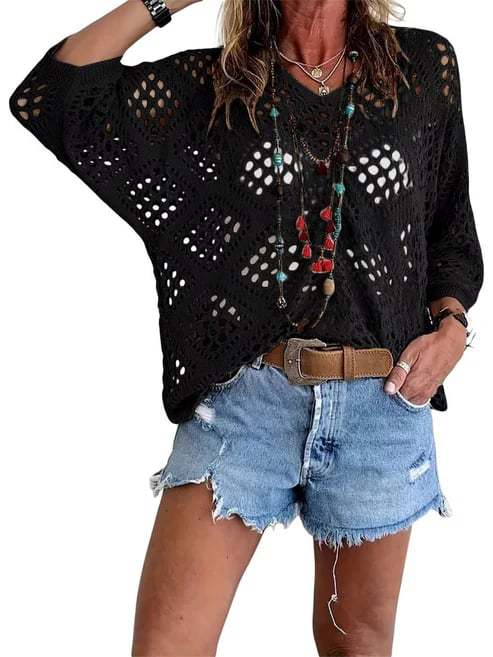 Summer V-neck diamond-patterned cutout batwing sleeve top
