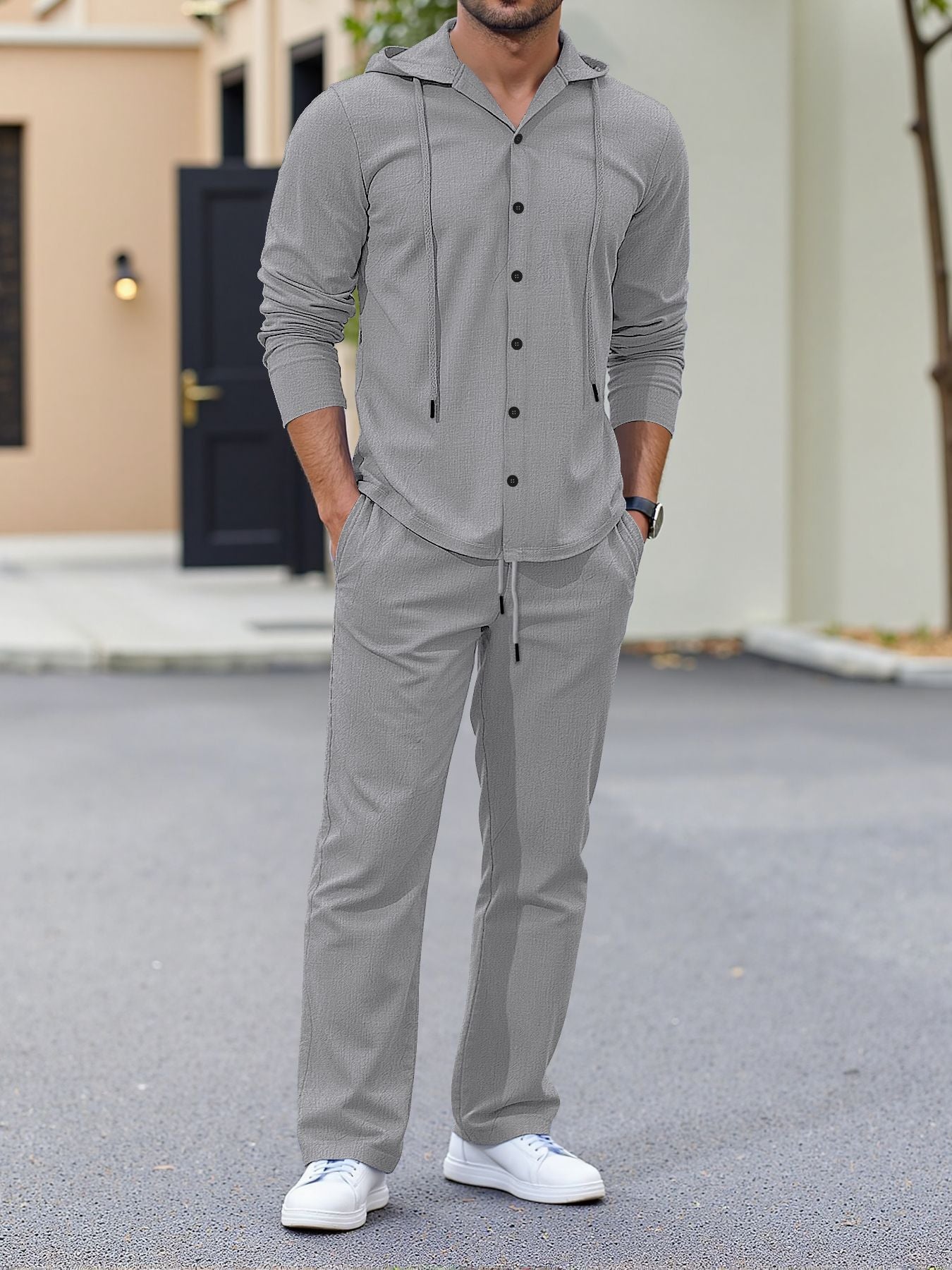 Loose-fitting linen hooded long-sleeved button-down shirt and trousers casual suit