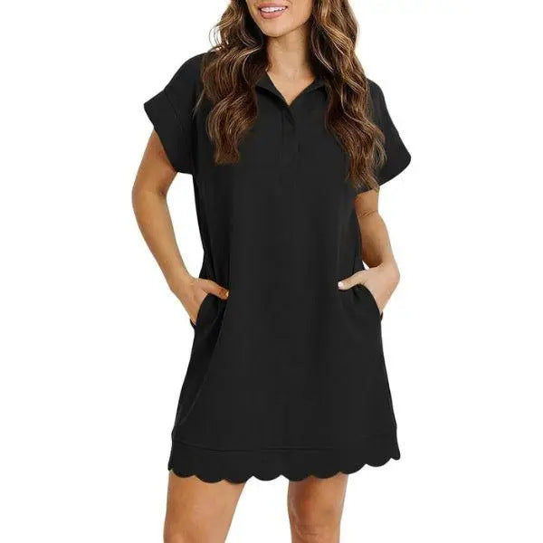 Simple and versatile polo collar loose short-sleeved pocket ruffle dress