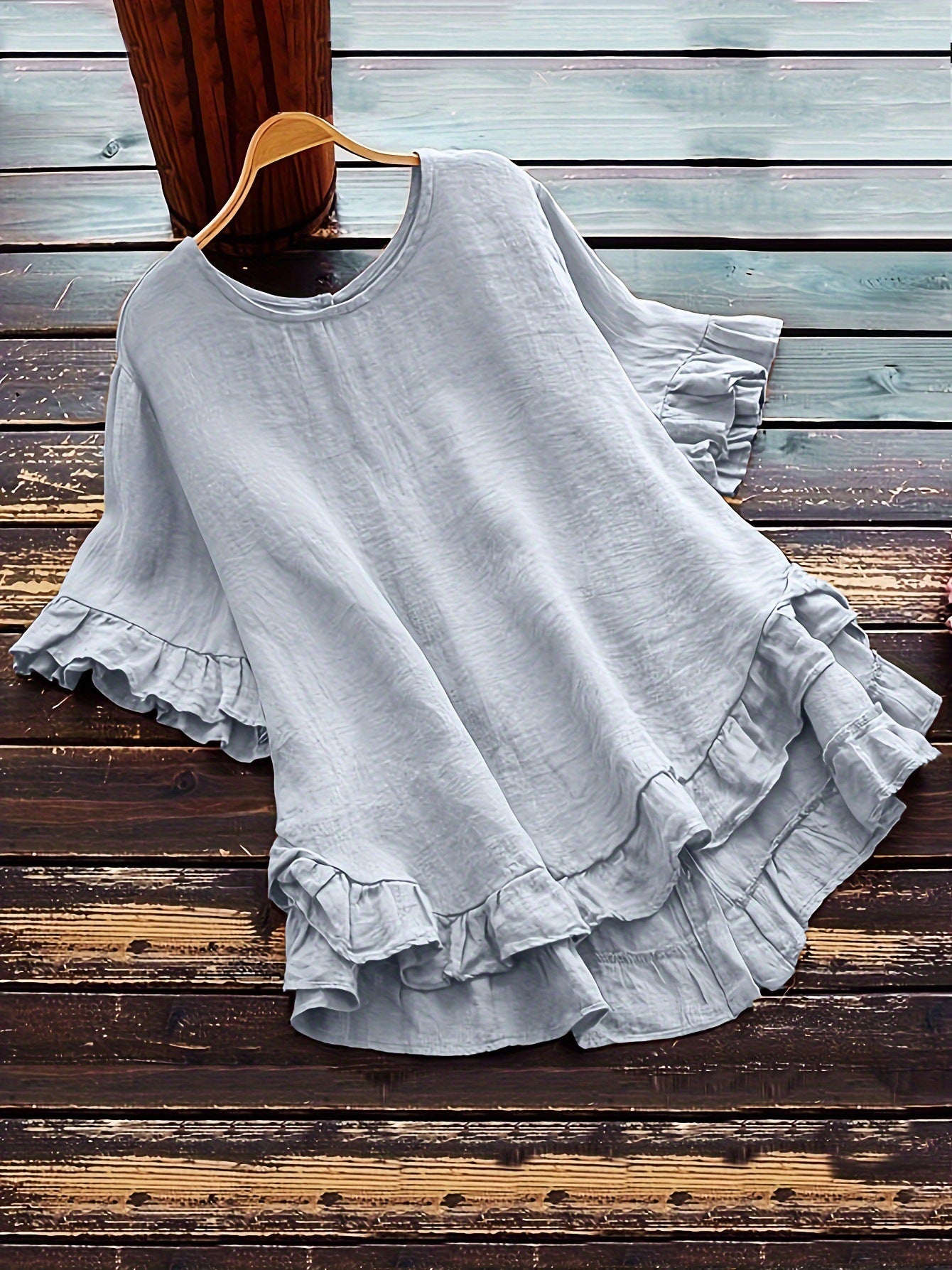 New solid color loose ruffled round neck short-sleeved button shirt