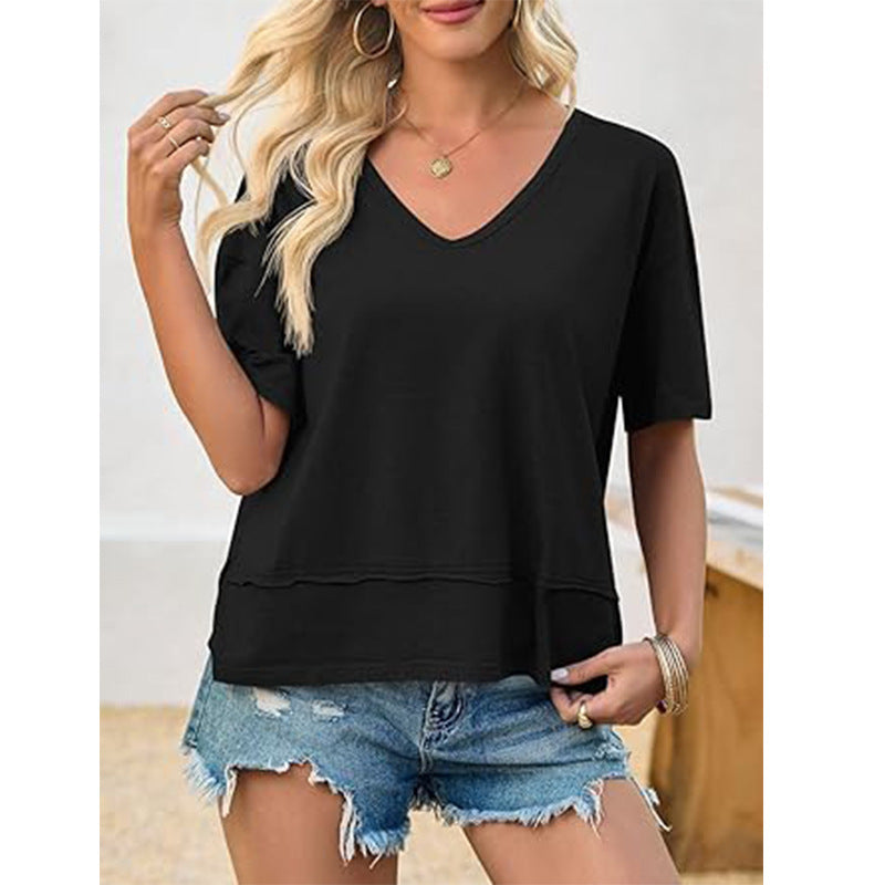 Casual solid color patchwork five-sleeve V-neck loose top