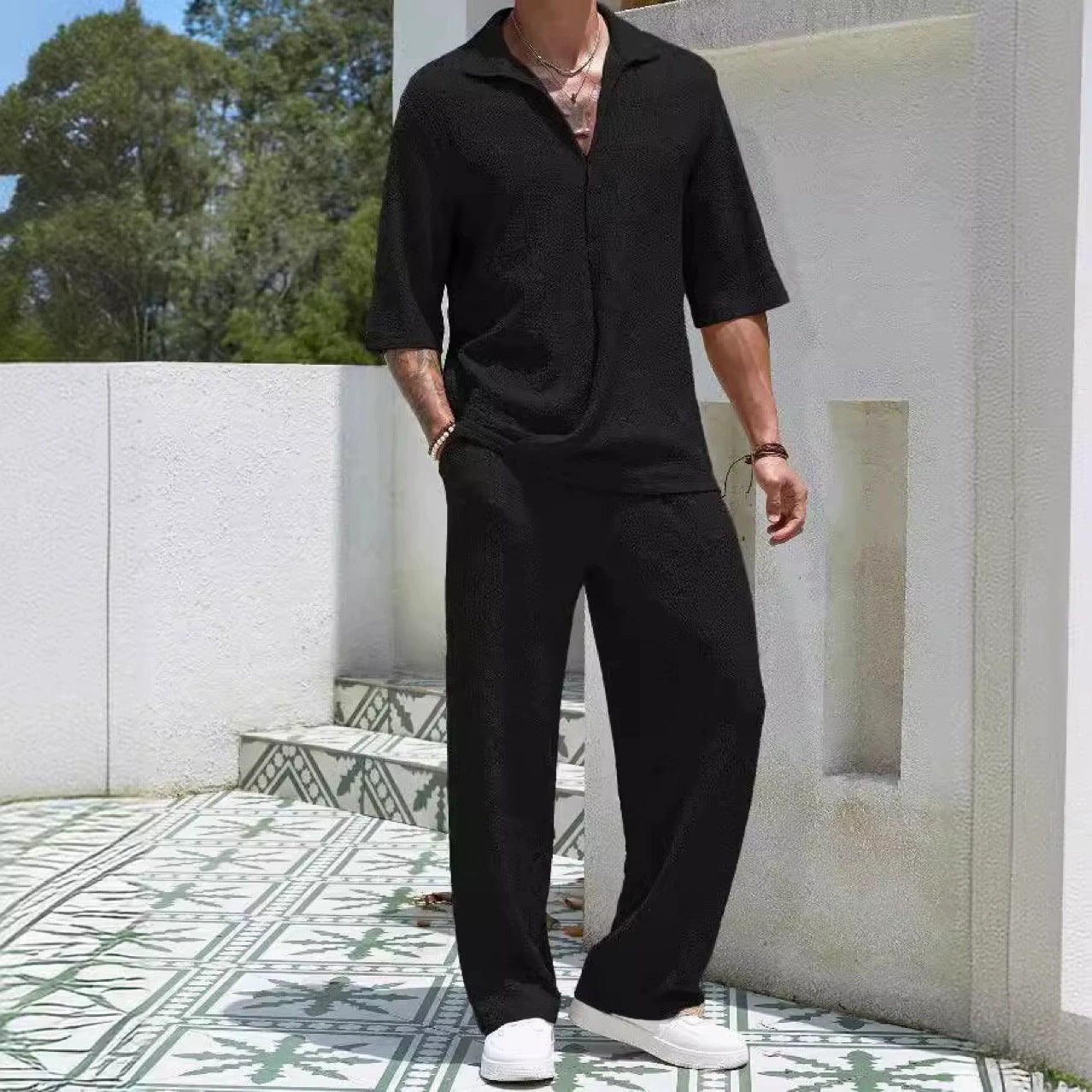 Solid color short-sleeved shirt and trousers men's two-piece casual set