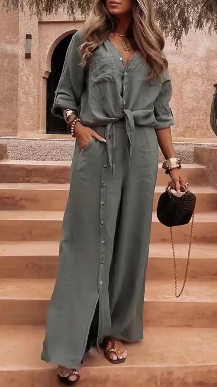 Spring casual V-neck irregular top and wide-leg button-down pants two-piece set