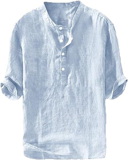 Linen shirt, summer five-sleeve loose pullover men's clothing