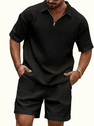 Waffle knit comfortable solid color collared shirt summer sportswear set