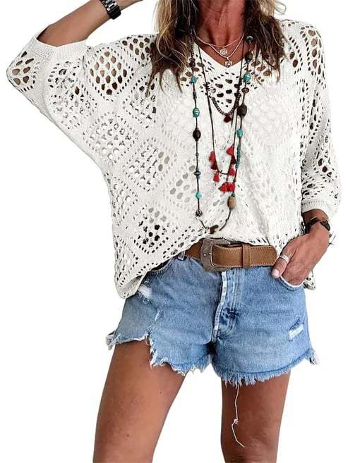 Summer V-neck diamond-patterned cutout batwing sleeve top