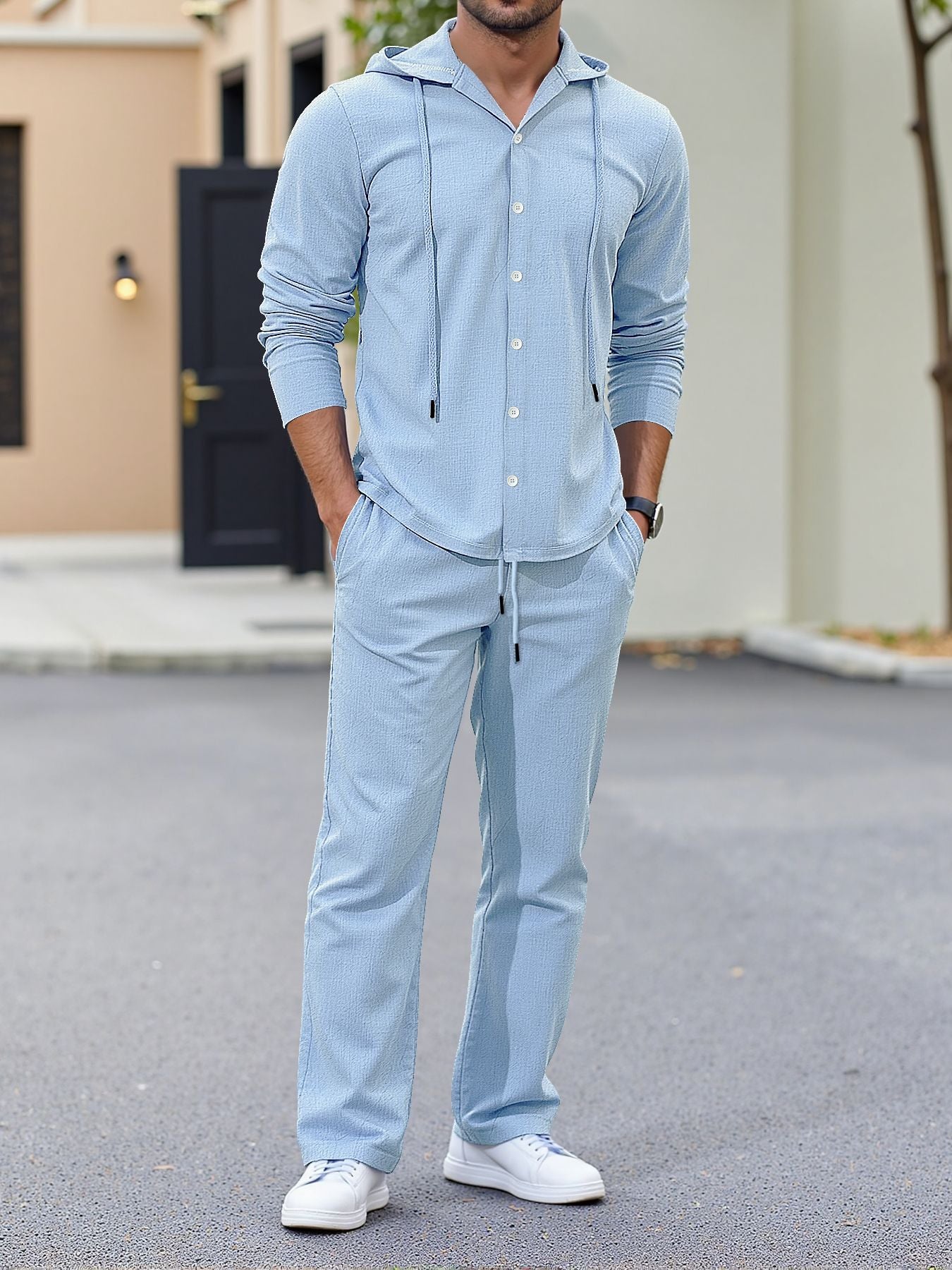 Loose-fitting linen hooded long-sleeved button-down shirt and trousers casual suit