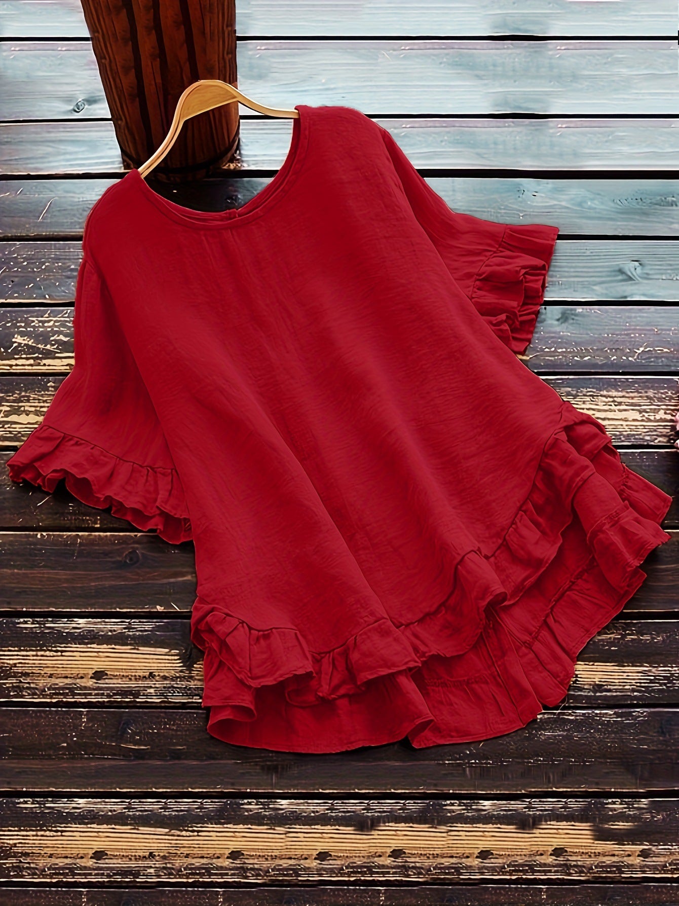 New solid color loose ruffled round neck short-sleeved button shirt