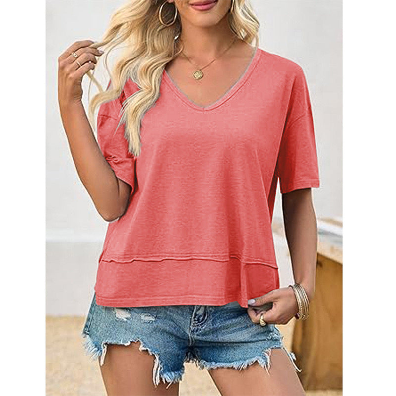 Casual solid color patchwork five-sleeve V-neck loose top