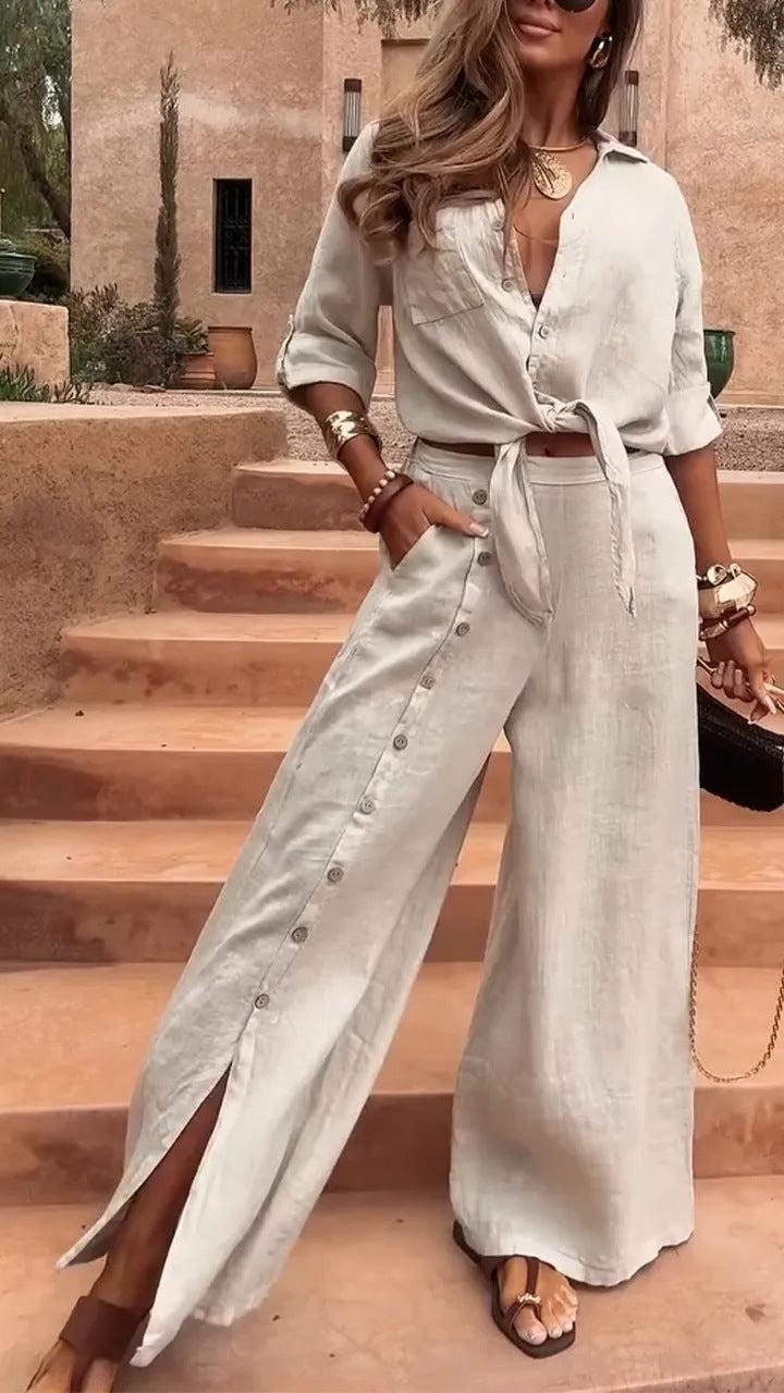Spring casual V-neck irregular top and wide-leg button-down pants two-piece set