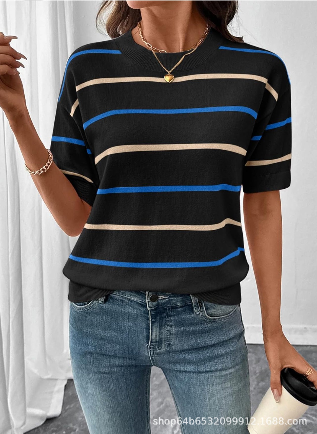 Casual round neck striped color-blocked short-sleeved shirt