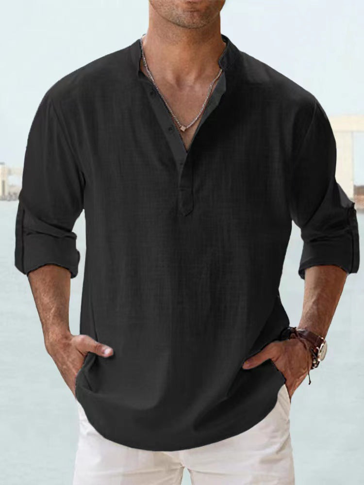 Solid color long-sleeved cotton and linen shirt