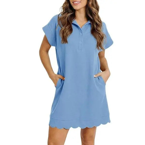 Simple and versatile polo collar loose short-sleeved pocket ruffle dress