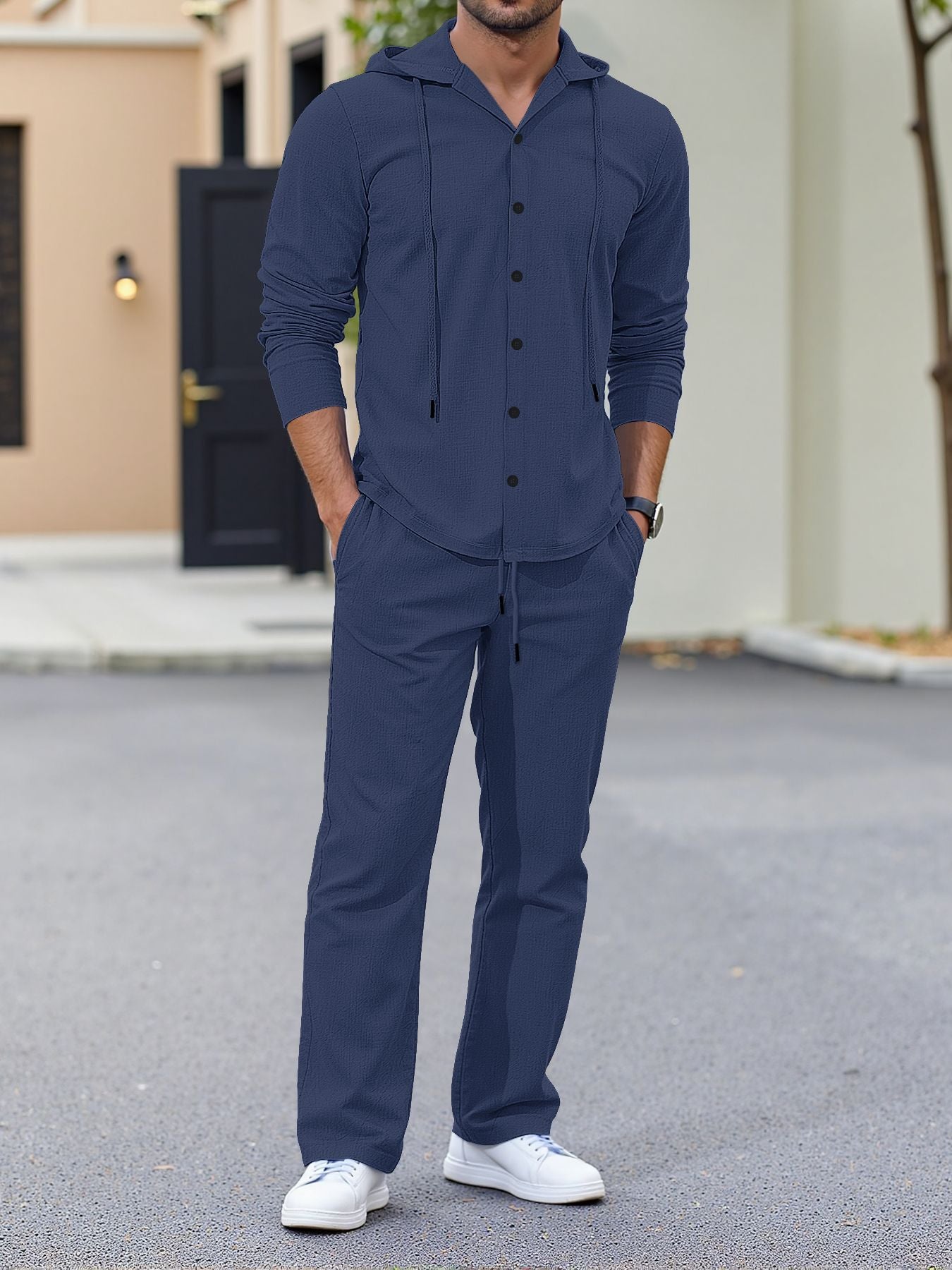 Loose-fitting linen hooded long-sleeved button-down shirt and trousers casual suit