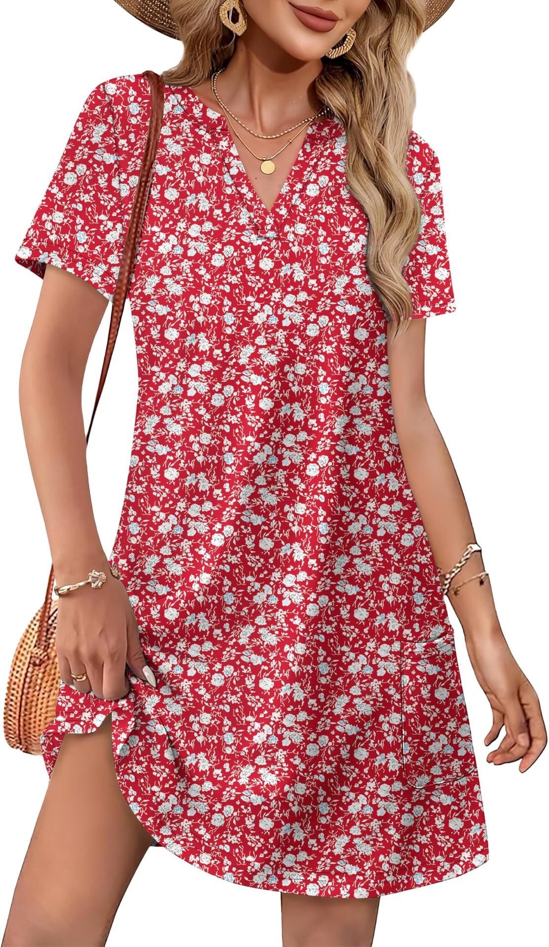 Summer casual V-neck loose short-sleeved fashionable beach dress