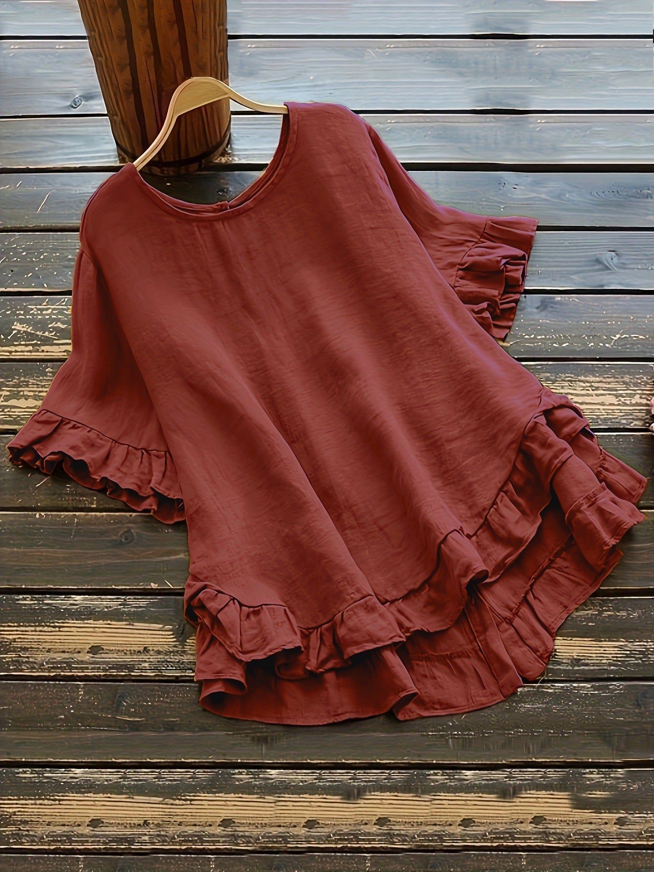 New solid color loose ruffled round neck short-sleeved button shirt
