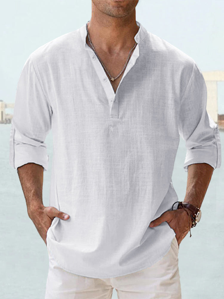 Solid color long-sleeved cotton and linen shirt