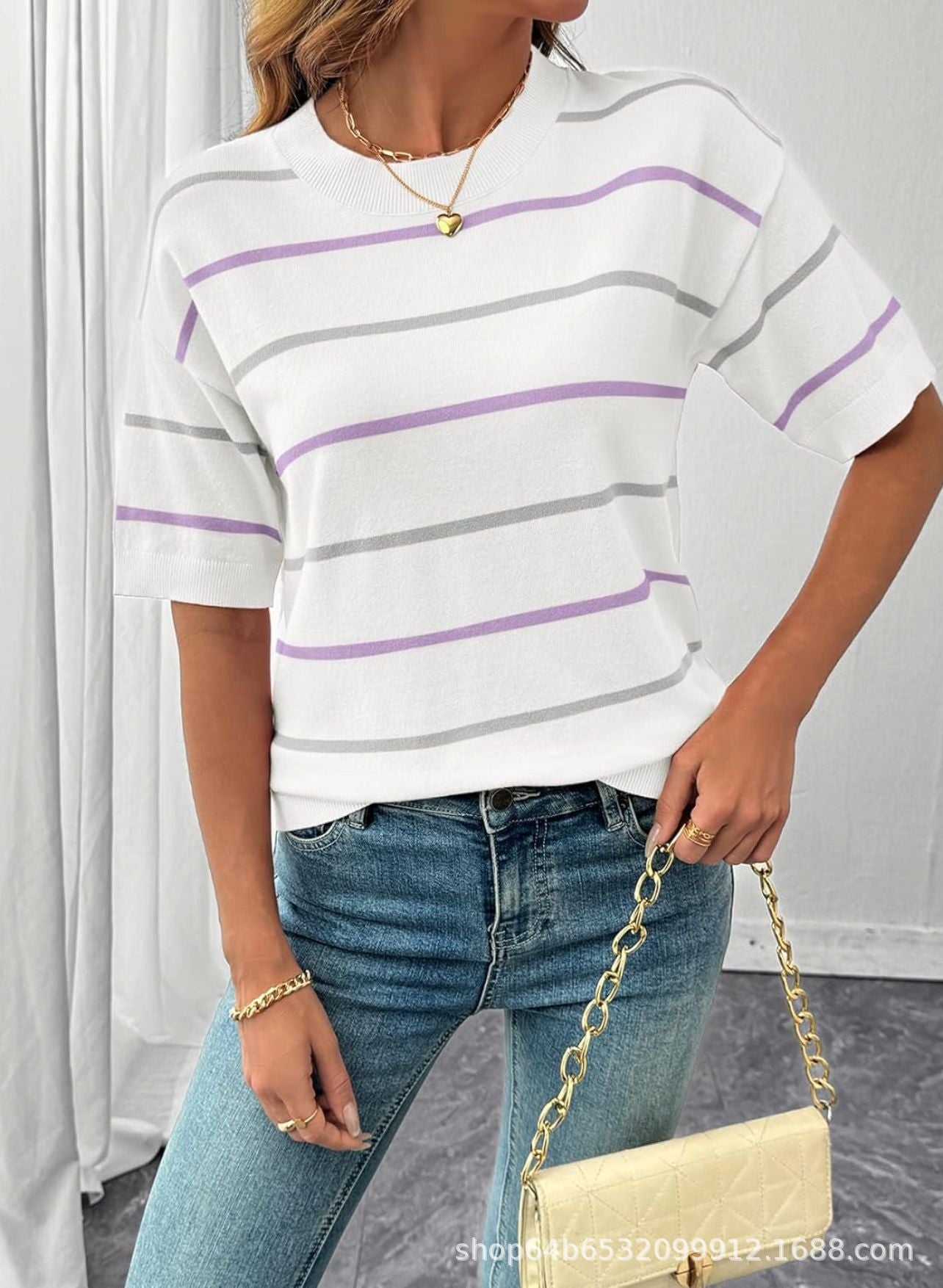 Casual round neck striped color-blocked short-sleeved shirt