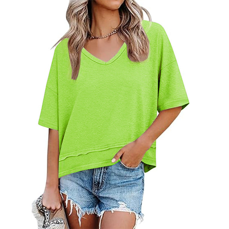 Casual solid color patchwork five-sleeve V-neck loose top