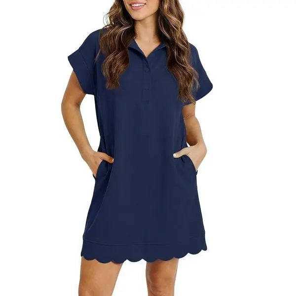Simple and versatile polo collar loose short-sleeved pocket ruffle dress